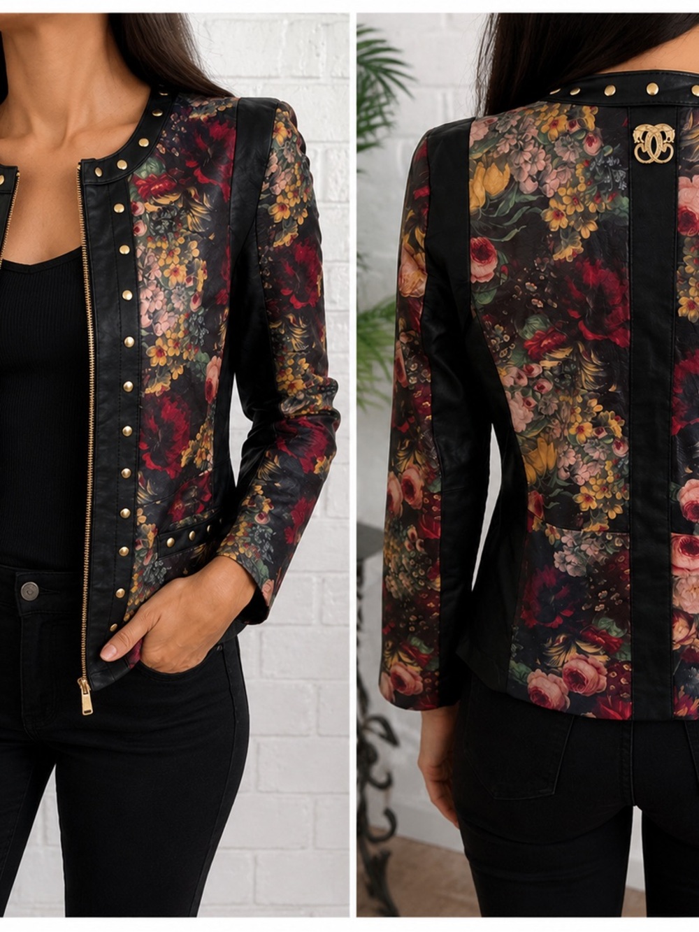 Sharif Couture Leather Jkt Womens Small Floral Black Studded Excellent Zip Front